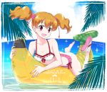  1girl artist_name banana beach bikini blonde_hair breasts cleavage food fresh_precure! fruit full_body hair_ornament highres looking_at_viewer momozono_love open_mouth precure red_eyes shiitake_urimo smile solo swimsuit twintails 