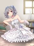  1girl bare_shoulders book bookshelf chair dress earrings flower frilled_dress frills full_body gloves grey_hair hair_flower hair_ornament highres idolmaster idolmaster_cinderella_girls indoors jakelian jewelry kanzaki_ranko necklace parted_lips red_eyes ring solo vase wedding_dress white_dress 