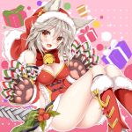  1girl :3 :d animal_ears bangs bell blush boots box breasts christmas claw_(weapon) claws cleavage erun_(granblue_fantasy) fang fur_trim gift gift_box granblue_fantasy grey_hair hair_between_eyes hood jingle_bell large_breasts looking_at_viewer open_mouth red_eyes sen_(granblue_fantasy) skirt smile solo tateha_(marvelous_grace) weapon 
