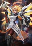  1girl blonde_hair boots breasts cglas gloves gun high_ponytail mechanical_halo mechanical_wings mercy_(overwatch) overwatch pantyhose solo staff swiss_flag violet_eyes weapon wings 