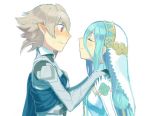  1boy 1girl @_@ aisutabetao aqua_(fire_emblem_if) armor blue_hair blush cape closed_eyes couple dress elbow_gloves fire_emblem fire_emblem_if gloves hair_between_eyes hairband hands_on_another&#039;s_shoulders height_difference incipient_kiss long_hair my_unit_(fire_emblem_if) pointy_ears profile short_hair silver_hair simple_background upper_body veil very_long_hair wavy_mouth white_background white_gloves 