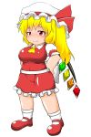 1girl absurdres ascot asheta7 blonde_hair blush breasts covered_navel flandre_scarlet hat highres large_breasts looking_at_viewer mob_cap red_eyes red_shoes shoes side_ponytail smile smug solo touhou 