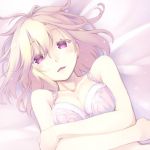  1girl bare_shoulders bed_sheet blonde_hair bra breasts collarbone colored_eyelashes crossed_arms long_hair looking_at_viewer lowres lying maribel_hearn midorino_eni on_back open_mouth purple_bra purple_clothes solo touhou underwear underwear_only upper_body violet_eyes wavy_hair 
