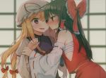  2girls black_hair blonde_hair blurry blush detached_sleeves dress eye_contact face-to-face full-face_blush hair_ribbon hair_tubes hakurei_reimu hat hat_ribbon japanese_clothes long_hair long_sleeves looking_at_another miko mob_cap multiple_girls open_mouth profile puffy_sleeves ribbon sarashi shinoba shirt skirt skirt_set smile sweat tabard touhou tress_ribbon turtleneck violet_eyes white_dress yakumo_yukari yuri 