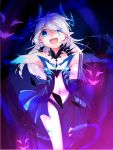  1girl artist_request blue_eyes cowboy_shot diabla_(elsword) elsword fang highres horns long_hair looking_at_viewer luciela_r._sourcream open_mouth solo symbol-shaped_pupils white_hair 