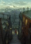  1girl brown_hair building cable chimney cityscape clouds coat from_above highres looking_at_viewer looking_up original scenery short_hair sky solo stairs suitcase turtleneck yoshida_seiji 