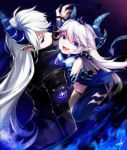  1boy 1girl :d arm_at_side back bangs black_coat blue_dress blue_eyes blue_panties blue_skin cape ciel_(elsword) covered_mouth cross cross_earrings crown demonio_(elsword) diabla_(elsword) dress ear_piercing earrings elsword fang from_above glowing hagha hair_between_eyes high_collar horn horns jewelry long_hair long_sleeves looking_at_viewer luciela_r._sourcream navel open_mouth panties piercing pointy_ears sidelocks signature silver_hair sleeveless sleeveless_dress smile spikes stomach symbol-shaped_pupils tail underwear very_long_hair white_hair 