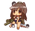  1girl bottle brown_eyes brown_hair chibi commentary_request holding i-401_(kantai_collection) i-class_destroyer kantai_collection kuchiku_i-kyuu looking_at_viewer machinery nuu_(nu-nyu) papico_(ice_cream) ponytail school_swimsuit school_uniform serafuku shinkaisei-kan simple_background sitting swimsuit swimsuit_under_clothes tan wet wet_clothes white_background 