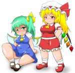  2girls :3 asheta7 blonde_hair blush breasts covered_navel daiyousei fairy_wings fat flandre_scarlet green_eyes green_hair hands_on_hips hat highres large_breasts mary_janes mob_cap multiple_girls nervous_smile panties pantyshot pantyshot_(sitting) plump red_eyes red_shoes shoes sitting smile smug socks touhou underwear white_panties wings 