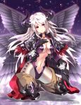  1girl armor bodysuit breasts center_opening chaos_blade_(oratta) cleavage gloves horns kneeling leotard long_hair navel pointy_ears satan_(chaos_blade) silver_hair smile solo thigh-highs violet_eyes wings yutakajin 