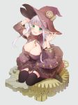  1girl bare_shoulders black_legwear blush breasts cleavage cleavage_cutout clock full_body garter_straps gears green_eyes hat large_breasts long_hair maigo_(neko) mole mole_under_eye open_mouth original pointy_ears silver_hair sitting smile solo thigh-highs wariza witch_hat 