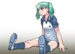  :o green_eyes green_hair isako_rokurou short_hair socks sportswear stretch twintails 