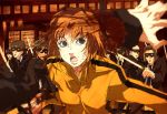  blood blue_eyes blurry bruce_lee's_jumpsuit crazy_88 depth_of_field highres katana kill_bill kitano_yuusuke lips open_mouth orange_hair severed_hand sword the_bride weapon 