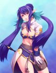  aqua_background bad_id blue_hair breasts cleavage gloves judith long_hair okmr pointy_ears polearm red_eyes solo staff tales_of_(series) tales_of_vesperia twintails weapon 