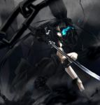  black_hair black_rock_shooter black_rock_shooter_(character) blue_eyes boots chain chains coat gloves glowing glowing_eyes gun katana long_hair midriff solo sword twintails weapon y/n 