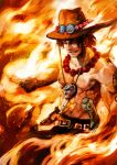  1boy dagger fiery_background fire hat jewelry lack male manly muscle necklace one_piece orange_(color) orange_background portgas_d_ace shirtless solo 