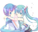  aqua_hair bad_id blue_eyes blue_hair blush hatsune_miku hug kaito long_hair maimu_(polka) necktie scarf short_hair skirt smile twintails vocaloid wink 