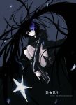  belt bikini_top black_hair black_rock_shooter black_rock_shooter_(character) blue_eyes boots bwrose chain chains coat fetal_position flat_chest glowing glowing_eyes highres long_hair midriff navel shorts solo 