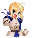  armor blonde_hair chibi fate/stay_night fate_(series) green_eyes hair_ribbon highres punching ribbon saber scan takeuchi_takashi 