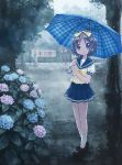  blue_hair flower highres hiiragi_tsukasa hydrangea isou_nagi lucky_star rain school_uniform serafuku short_hair umbrella 