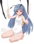  antenna ao_ume barefoot blue_hair flat_chest insect_girl long_hair monster_girl one-piece_swimsuit original red_eyes school_swimsuit swimsuit white_school_swimsuit 