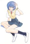  ayanami_rei blue_hair dress_shirt highres necktie neon_genesis_evangelion official_art red_eyes scan school_uniform shirt short_hair skirt socks sweater_vest watch wink wristwatch 