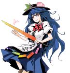  blue_hair food fruit hat hinanawi_tenshi long_hair peach red_eyes ribbon sword sword_of_hisou touhou weapon 