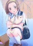  bag brown_eyes brown_hair carrying dog hairband headphones headphones_around_neck highres k-on! mayo_riyo puppy rain school_uniform solo tainaka_ritsu tomboy translated translation_request umbrella 