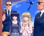  belt blonde_hair blue_eyes blue_hair bodyguard bodyguards closed_eyes crossover formal glowing glowing_eye glowing_eyes helicopter kanon kawasumi_mai kurata_sayuri long_hair men_in_black suit sunglasses terminator tsukimiya_ayu zen 