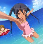  2girls armpits bikini black_hair brown_eyes closed_eyes cute flat_chest foreshortening hashi hirasawa_yui hobunsha innertube k-on! kyoto_animation long_hair multiple_girls nakano_azusa one-piece one-piece_swimsuit outstretched_arms partially_submerged polka_dot spread_arms swimming swimsuit tan twintails 