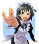  black_hair bowieknife foreshortening hands maid ribbon short_hair smile soredemo_machi_wa_mawatteiru vulcan_salute 