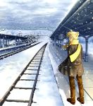  blue_eyes kagamine_len male paraiso railroad_tracks ribbon scarf short_hair snow train_station vocaloid 