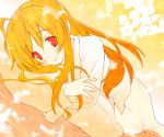  bed blush eretto long_hair lying orange_hair pajamas pillow pillow_hug red_eyes smile suzumiya_haruhi_no_yuuutsu 