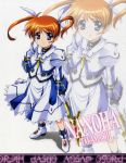  blue_eyes brown_hair fingerless_gloves gloves hair_ribbon hair_ribbons highres mahou_shoujo_lyrical_nanoha mahou_shoujo_lyrical_nanoha_the_movie_1st purple_eyes raising_heart ribbon skirt solo staff takamachi_nanoha twintails young zoom_layer 