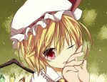  face flandre_scarlet hat highres hikobae red_eyes short_hair solo tears touhou wince wings 