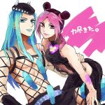  1boy 1girl black_hair blue_eyes blue_hair double_bun hat jojo_no_kimyou_na_bouken kuujou_jolyne lipstick long_hair makeup midriff multicolored_hair narciso_anasui pink_eyes pink_hair sewenan two-tone_hair 