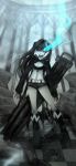  belt bikini_top black_hair black_rock_shooter black_rock_shooter_(character) blue_eyes boots cape chain chains flat_chest glowing glowing_eyes gun highres huge_weapon long_hair meisan midriff navel shorts solo twintails weapon 