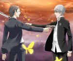  adachi_tohru butterfly cz-75 gun handgun katana male mamecho mexican_standoff narukami_yuu persona persona_4 pistol school_uniform seta_souji short_hair sword weapon yukimaru_(mamecho) 