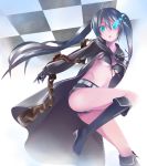  aqua_eyes bad_id belt bikini_top black_hair black_rock_shooter black_rock_shooter_(character) boots breasts chain chains checkered front-tie_top gloves glowing glowing_eyes jacket knee_boots long_hair looking_at_viewer midriff nnyu scar short_shorts shorts solo star stitches thigh-highs thigh_boots twintails underboob uneven_twintails very_long_hair zipper 