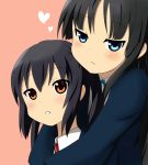  akiyama_mio bad_id black_hair blue_eyes brown_eyes heart hug k-on! multiple_girls nakano_azusa school_uniform tsuchifumazu 