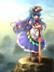 boots food fruit hat hinanawi_tenshi long_skirt peach peaches red_eyes sankuma skirt solo sword sword_of_hisou touhou weapon wind
