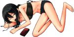  bandeau barefoot black_hair feet hotpants itsutsu lying nintendo_ds on_side open_mouth original short_shorts shorts tubetop wink yawn yawning 