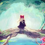  blonde_hair bow cape flower forest from_behind hair_bow in_tree long_hair nature original sitting sitting_in_tree solo tokiame tree water 