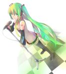  checkered checkered_floor detached_sleeves dutch_angle from_above green_eyes green_hair hatsune_miku headphones headset legs long_hair looking_at_viewer microphone microphone_stand nail_polish necktie nnyu simple_background skirt smile thigh-highs thighhighs twintails vocaloid zettai_ryouiki 