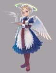  angel_wings blush brown_hair cup dress halo hat maid original pantyhose simple_background weno wings 