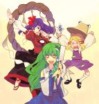 &gt;_&lt; blonde_hair detached_sleeves eyes frog gohei green_hair hat jean_(artist) jumping kneehighs kochiya_sanae long_hair long_skirt mary_janes moriya_suwako multiple_girls purple_hair red_eyes rope sandals shoes short_hair skirt snake socks star star-shaped_pupils symbol-shaped_pupils touhou yasaka_kanako