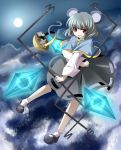  basket capelet dowsing_rod flying grey_hair jewelry moon mouse mouse_ears mouse_tail nazrin pendant red_eyes short_hair sky solo tail touhou tri 