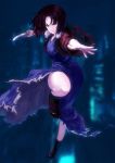  blue_eyes foreshortening hensou highres jacket japanese_clothes jumping kara_no_kyoukai kimono knife red_jacket ryougi_shiki short_hair solo torn_clothes 