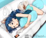  :o blue_eyes blue_hair couch dog_ears earphones idolmaster kisaragi_chihaya long_hair lying on_side open_mouth pillow pillow_hug sheet_music shorts solo tail tail_wag tail_wagging translation_request ttomm wagging 