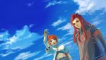  asch blue_background cloud gloves green_eyes long_hair luke_fon_fabre male multiple_boys red_hair redhead sky smile surcoat tales_of_(series) tales_of_the_abyss wataame 